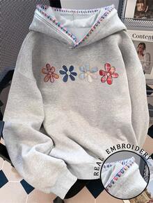 SHEIN [印花設計] 女款花卉刺繡長袖休閒可愛抓絨運動衫，秋冬校園教師灰色 - 灰色 - 查看 1