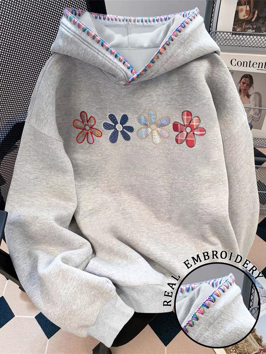 SHEIN [印花設計] 女款花卉刺繡長袖休閒可愛抓絨運動衫，秋冬校園教師灰色 - 灰色 - 查看 1