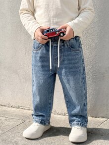 SHEIN 男嬰牛仔長褲 鬆緊腰抽繩休閒軟質長褲 幼兒童褲 - 中等水洗藍 - 查看 3