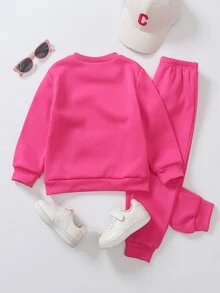 Elladie kids 2件組少女棕紫色MAMA'S MINI字母印花圓領抓絨運動衫慢跑褲套裝，韓系極簡休閒風，生日秋季穿搭 - 粉色 - 查看 2