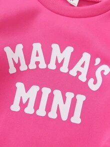 Elladie kids 2件組少女棕紫色MAMA'S MINI字母印花圓領抓絨運動衫慢跑褲套裝，韓系極簡休閒風，生日秋季穿搭 - 粉色 - 查看 4