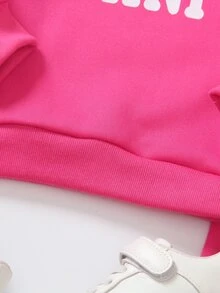 Elladie kids 2件組少女棕紫色MAMA'S MINI字母印花圓領抓絨運動衫慢跑褲套裝，韓系極簡休閒風，生日秋季穿搭 - 粉色 - 查看 6