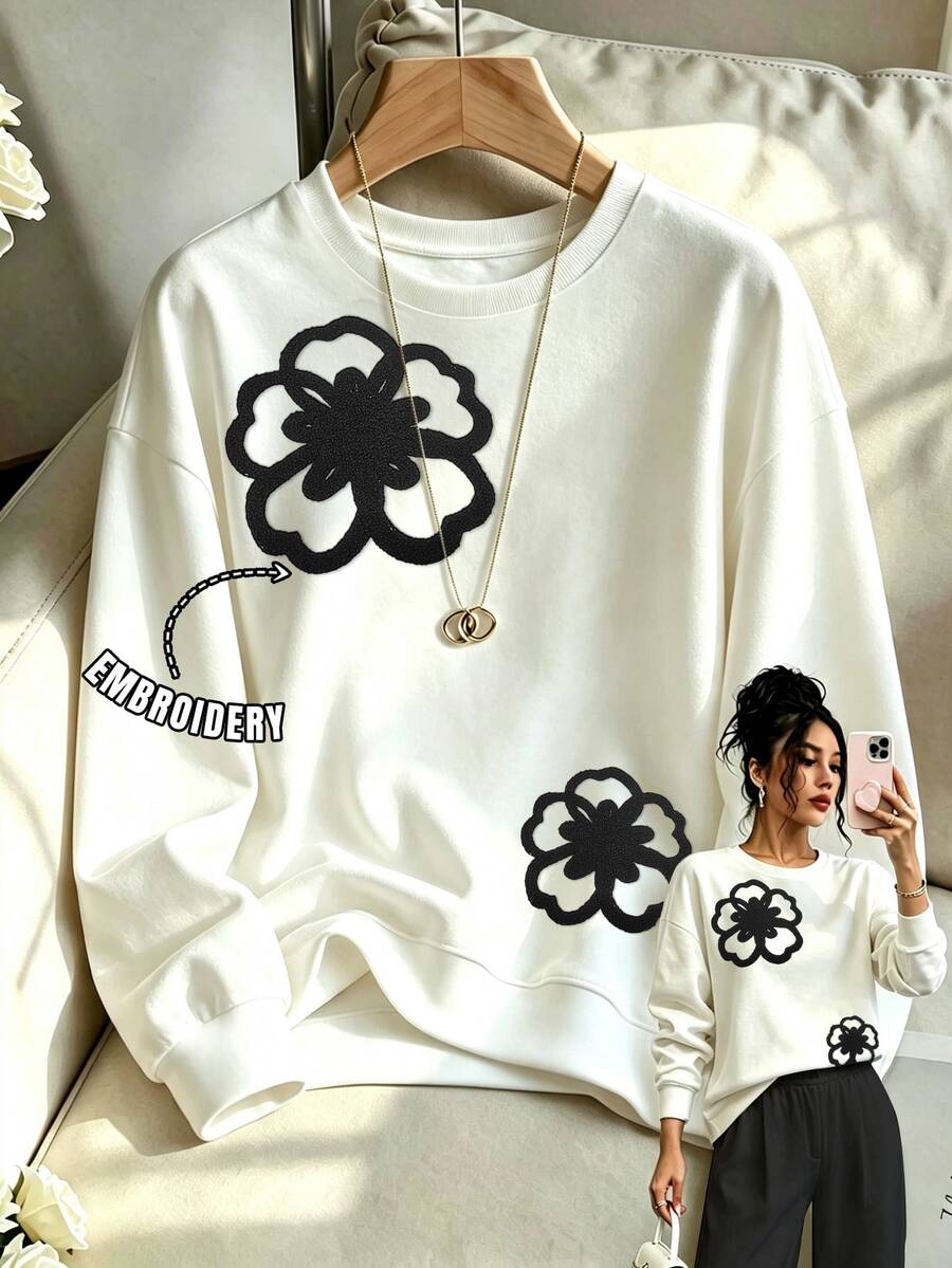 Rafferiza 女款花卉毛巾刺繡圓領長袖套頭運動衫,舒適休閒長袖衛衣,適合日常休閒穿著 - 白色 - 查看 1
