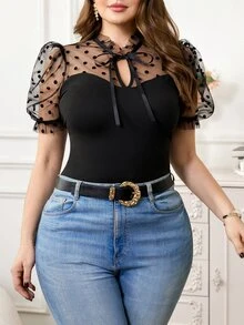 Reflora Plus Size Elegant Polka Dot Mesh Patchwork T-Shirt, Summer Sheer Tops For Women Top Woman Blouses New Arrival Blouse Latest - Black - View 3