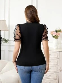 Reflora Plus Size Elegant Polka Dot Mesh Patchwork T-Shirt, Summer Sheer Tops For Women Top Woman Blouses New Arrival Blouse Latest - Black - View 2