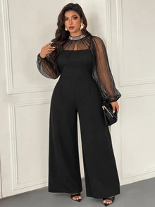 Femmeverse Women Plus Size Elegant Party Tulle Sequin Trim Shawl Strapless Two Pieces Wide Leg Jumpsuit - Black - View 5
