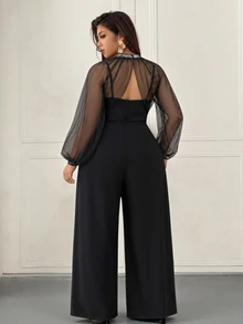 Femmeverse Women Plus Size Elegant Party Tulle Sequin Trim Shawl Strapless Two Pieces Wide Leg Jumpsuit - Black - View 2