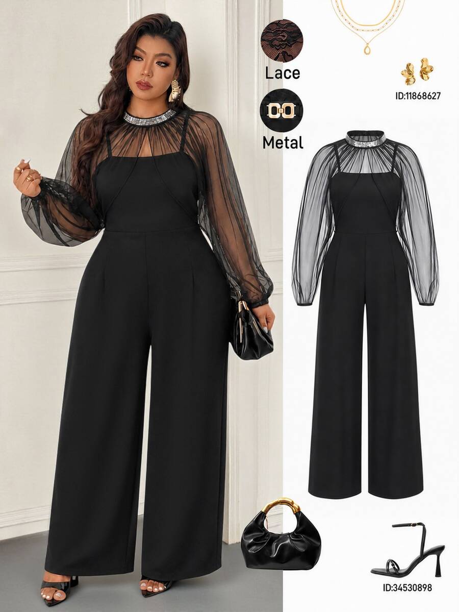 Femmeverse Women Plus Size Elegant Party Tulle Sequin Trim Shawl Strapless Two Pieces Wide Leg Jumpsuit - Black - View 1