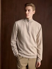 Manfinity CasualKnits Old Money 男士紋理圖案半拉鍊針織毛衣，長袖套頭衫，秋冬中性款，情侶穿搭，最佳節日禮物 - 米色 - 查看 8