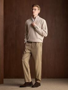 Manfinity CasualKnits Old Money 男士紋理圖案半拉鍊針織毛衣，長袖套頭衫，秋冬中性款，情侶穿搭，最佳節日禮物 - 米色 - 查看 3