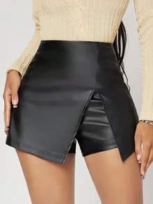SHEIN SXY Spring And Summer Two-Layer Hem PU Leather Black Tight Skort - Black - View 5