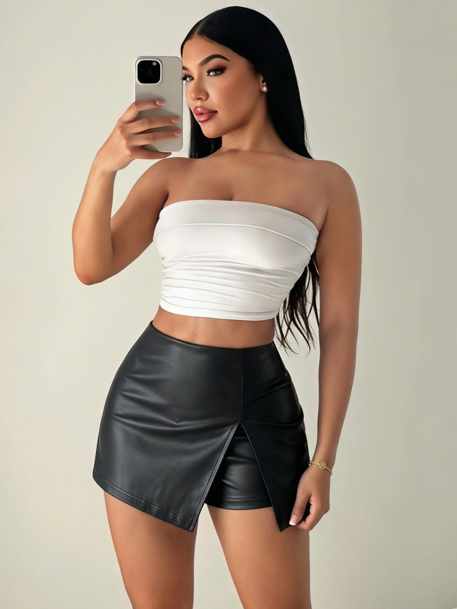 SHEIN SXY Spring And Summer Two-Layer Hem PU Leather Black Tight Skort