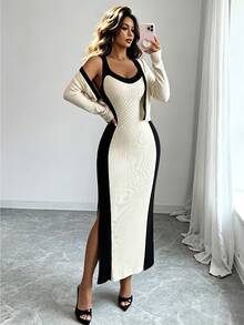 SHEIN Franclia Women's Elegant Mature Colorblock Textured Fabric Round Neck Slim Fit Sleeveless Dress Knit Cardigan 2 Pieces Set Dinner Office Black And White Autumn - Apricot - View 5