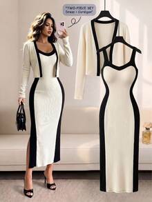 SHEIN Franclia Women's Elegant Mature Colorblock Textured Fabric Round Neck Slim Fit Sleeveless Dress Knit Cardigan 2 Pieces Set Dinner Office Black And White Autumn - Apricot - View 1