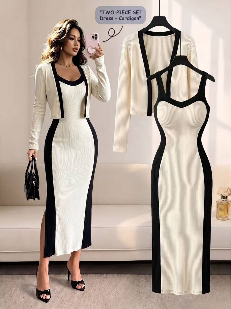 SHEIN Franclia Women's Elegant Mature Colorblock Textured Fabric Round Neck Slim Fit Sleeveless Dress Knit Cardigan 2 Pieces Set Dinner Office Black And White Autumn - Apricot - View 1