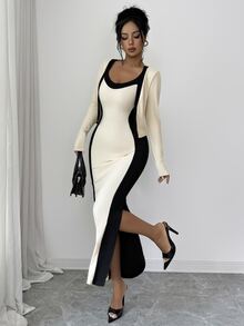 SHEIN Franclia Women's Elegant Mature Colorblock Textured Fabric Round Neck Slim Fit Sleeveless Dress Knit Cardigan 2 Pieces Set Dinner Office Black And White Autumn - Apricot - View 4