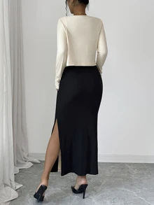SHEIN Franclia Women's Elegant Mature Colorblock Textured Fabric Round Neck Slim Fit Sleeveless Dress Knit Cardigan 2 Pieces Set Dinner Office Black And White Autumn - Apricot - View 2