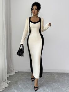SHEIN Franclia Women's Elegant Mature Colorblock Textured Fabric Round Neck Slim Fit Sleeveless Dress Knit Cardigan 2 Pieces Set Dinner Office Black And White Autumn - Apricot - View 3