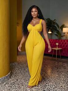 Veslaya Women's Plus Size Extra Long Jumpsuit,Butter Yellow Textured Wide-Leg Bohemian Design With Cutouts,Perfect For Summer,Beach,Vacation,Holiday&Travel - Yellow - View 2