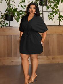 Veslaya Plus Size Party & Elegant Commuting Clean Design Stand Collar V Waist Drawstring Women's Mini Dress, Summer-E - Black - View 3