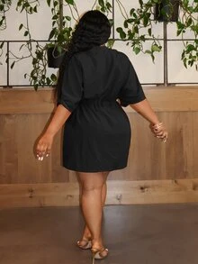 Veslaya Plus Size Party & Elegant Commuting Clean Design Stand Collar V Waist Drawstring Women's Mini Dress, Summer-E - Black - View 2