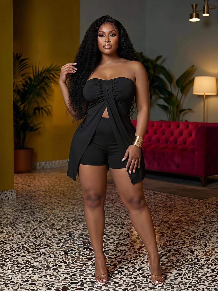 Veslaya Plus Size Solid Color Twisted Front Split Strapless Top And Shorts Set,Holiday Outfits - Black - View 1