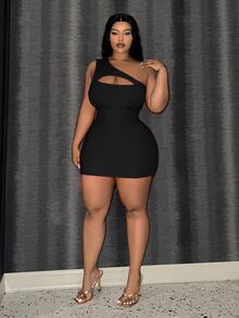 Veslaya Plus Size Solid Color Tight Hollow Out Asymmetric Neckline Mini Dress - Black - View 6