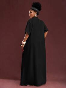 Veslaya Spring/Summer New Arrival Vacation & Commute & Casual White Loose Short Sleeve V-Neck Pleated A-Line Maxi Shirt Dress For Plus Size Women - Black - View 2