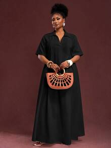 Veslaya Spring/Summer New Arrival Vacation & Commute & Casual White Loose Short Sleeve V-Neck Pleated A-Line Maxi Shirt Dress For Plus Size Women - Black - View 7