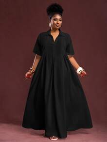 Veslaya Spring/Summer New Arrival Vacation & Commute & Casual White Loose Short Sleeve V-Neck Pleated A-Line Maxi Shirt Dress For Plus Size Women - Black - View 4