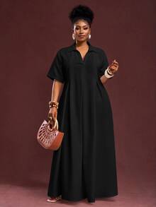 Veslaya Spring/Summer New Arrival Vacation & Commute & Casual White Loose Short Sleeve V-Neck Pleated A-Line Maxi Shirt Dress For Plus Size Women - Black - View 8