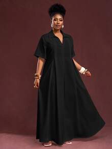 Veslaya Spring/Summer New Arrival Vacation & Commute & Casual White Loose Short Sleeve V-Neck Pleated A-Line Maxi Shirt Dress For Plus Size Women - Black - View 5