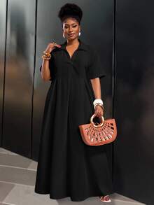 Veslaya Spring/Summer New Arrival Vacation & Commute & Casual White Loose Short Sleeve V-Neck Pleated A-Line Maxi Shirt Dress For Plus Size Women - Black - View 3