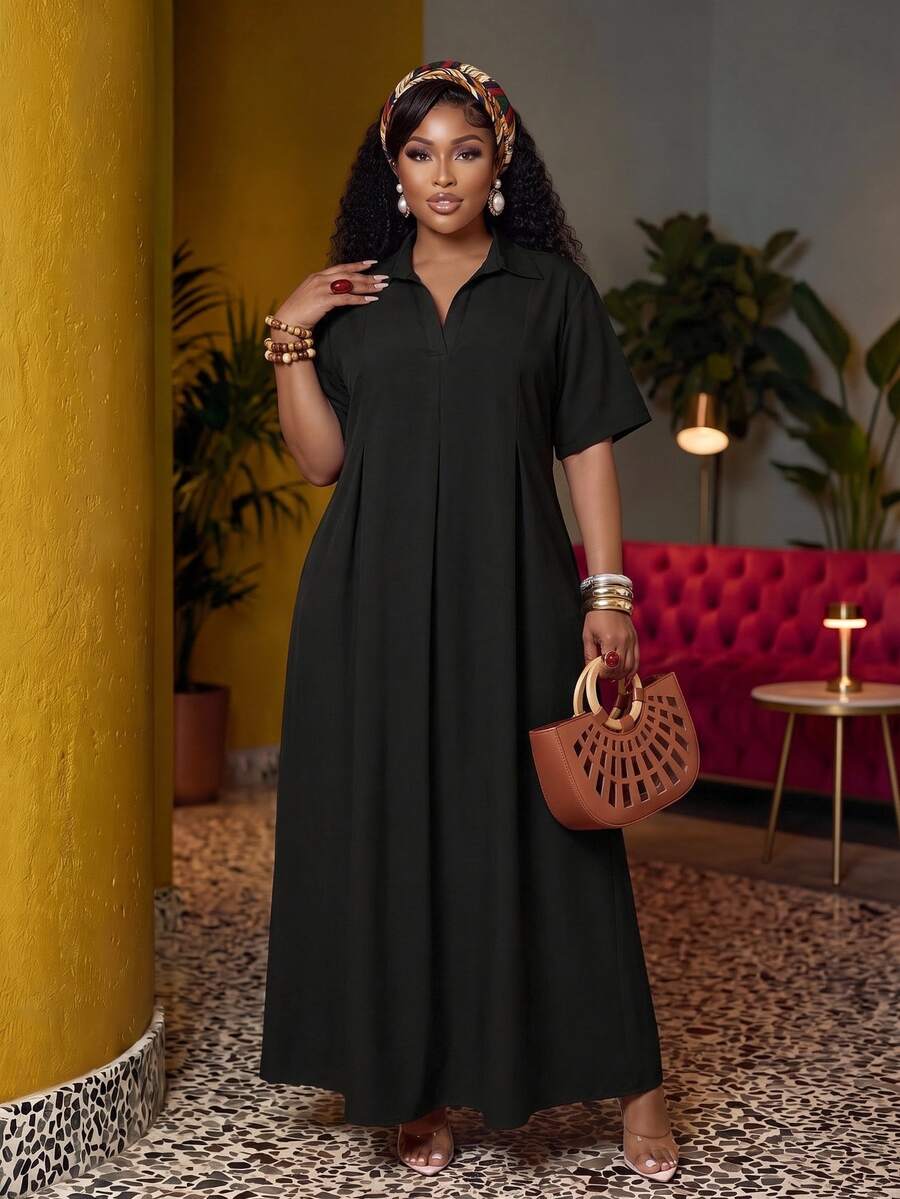 Veslaya Spring/Summer New Arrival Vacation & Commute & Casual White Loose Short Sleeve V-Neck Pleated A-Line Maxi Shirt Dress For Plus Size Women - Black - View 1