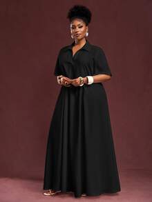 Veslaya Spring/Summer New Arrival Vacation & Commute & Casual White Loose Short Sleeve V-Neck Pleated A-Line Maxi Shirt Dress For Plus Size Women - Black - View 9