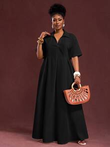 Veslaya Spring/Summer New Arrival Vacation & Commute & Casual White Loose Short Sleeve V-Neck Pleated A-Line Maxi Shirt Dress For Plus Size Women - Black - View 6