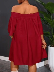 Veslaya Plus Size Women's Off-Shoulder Elegant Casual Commute Vacation A-Line Dress Red And White Autumn Formal - Red - View 2