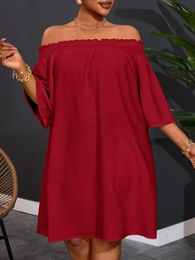 Veslaya Plus Size Women's Off-Shoulder Elegant Casual Commute Vacation A-Line Dress Red And White Autumn Formal - Red - View 3