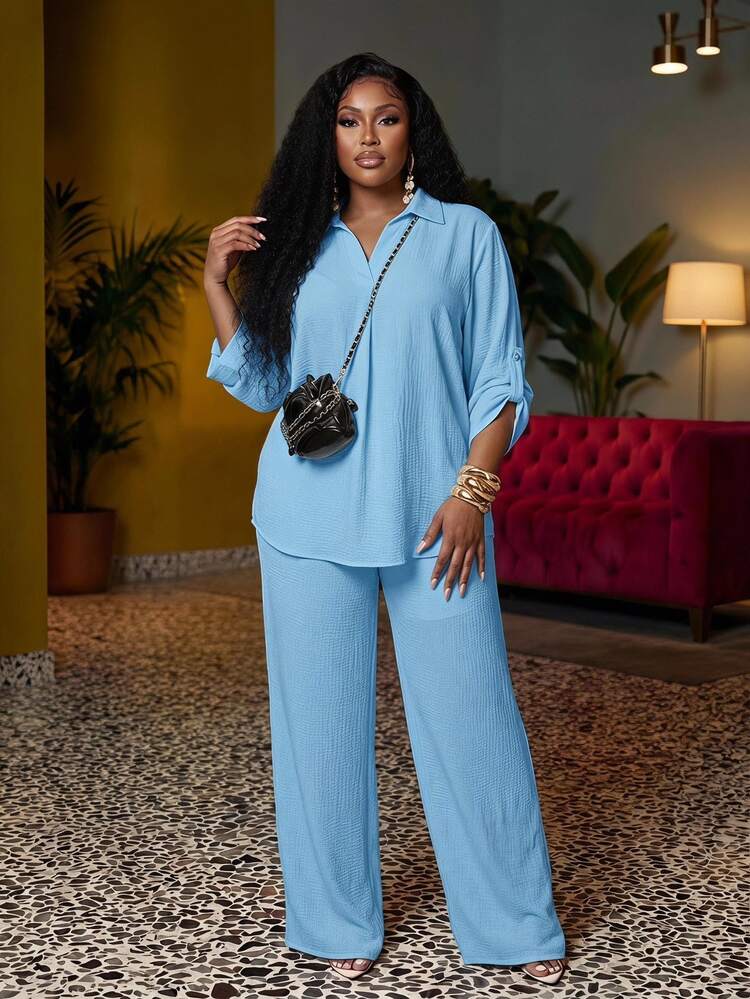 Veslaya Women Plus Size 2 Pieces Set-Light Blue V-Neck Loose 3/4 Sleeve Blouse Straight Leg Pants, Casual Elegant Kawaii Vacation, Fall, Going Out - Baby Blue - View 1