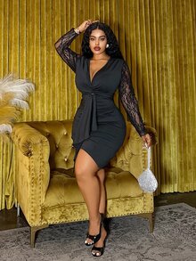 Veslaya Plus Size Black Autumn Elegant Formal Evening Night Out Club Mini Dress,Lace Patchwork Long Sleeve Twist Front Ruched&Tie Waist Party Birthday Ball - Black - View 5