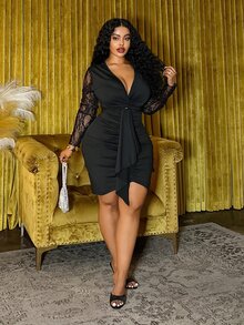 Veslaya Plus Size Black Autumn Elegant Formal Evening Night Out Club Mini Dress,Lace Patchwork Long Sleeve Twist Front Ruched&Tie Waist Party Birthday Ball - Black - View 3