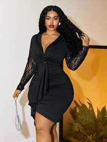 Veslaya Plus Size Black Autumn Elegant Formal Evening Night Out Club Mini Dress,Lace Patchwork Long Sleeve Twist Front Ruched&Tie Waist Party Birthday Ball - Black - View 8