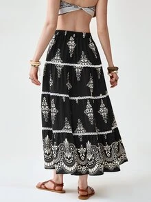 Florisole Boho Floral Print Lace Skirt For Women - Black - View 2