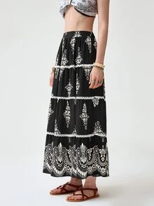 Florisole Boho Floral Print Lace Skirt For Women - Black - View 3
