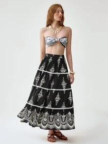 Florisole Boho Floral Print Lace Skirt For Women - Black - View 1