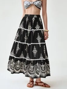 Florisole Boho Floral Print Lace Skirt For Women - Black - View 4