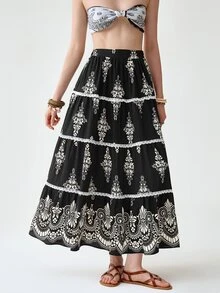 Florisole Boho Floral Print Lace Skirt For Women - Black - View 5
