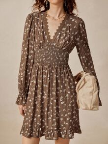 Florisole Floral V-Neck Dress, Cinched Waist, Suitable For Casual Outings, Dates, Commuting, And Romantic Autumn Encounters - Brown - View 3