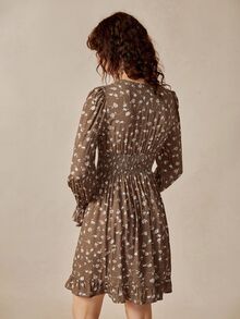 Florisole Floral V-Neck Dress, Cinched Waist, Suitable For Casual Outings, Dates, Commuting, And Romantic Autumn Encounters - Brown - View 2