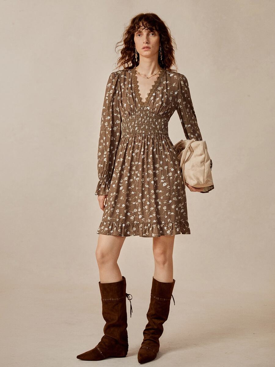 Florisole Floral V-Neck Dress, Cinched Waist, Suitable For Casual Outings, Dates, Commuting, And Romantic Autumn Encounters - Brown - View 1